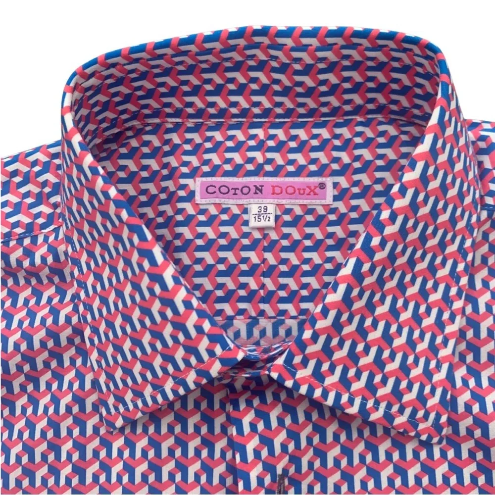 NWT COTON DOUX Paris Geo Print Button Front Shirt Cotton Poplin Pink Navy Blue - Picture 3 of 15